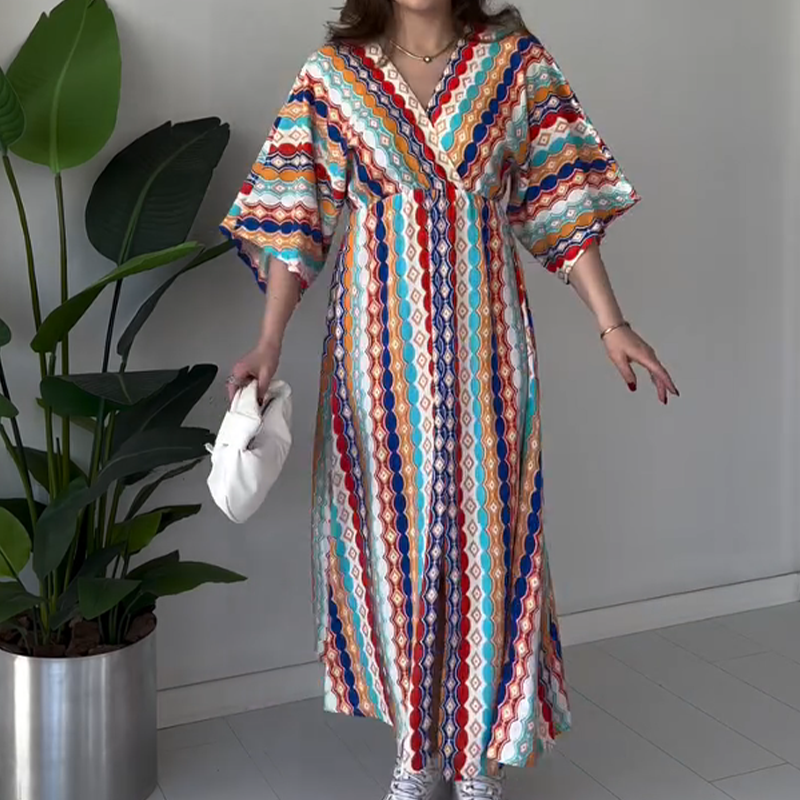 Maxikleid für Damen mit Print, Colorblock-Design und V-Ausschnitt
