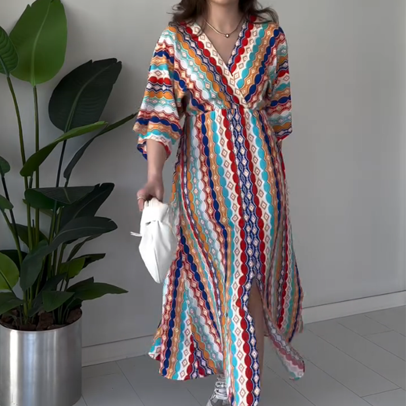 Maxikleid für Damen mit Print, Colorblock-Design und V-Ausschnitt