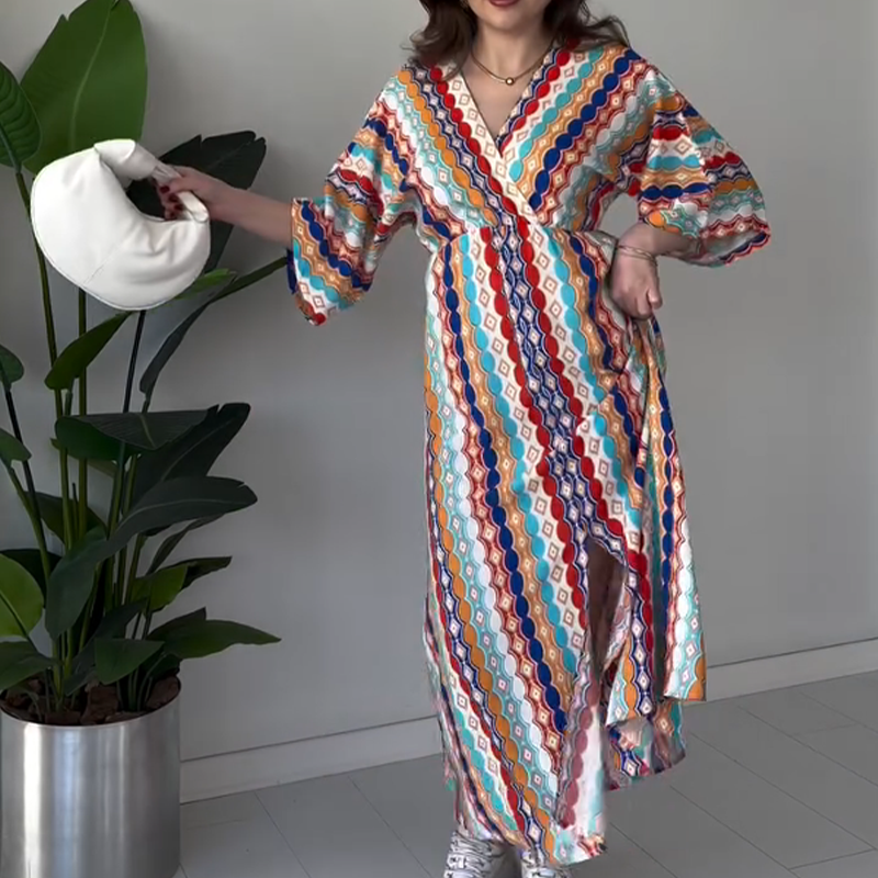 Maxikleid für Damen mit Print, Colorblock-Design und V-Ausschnitt