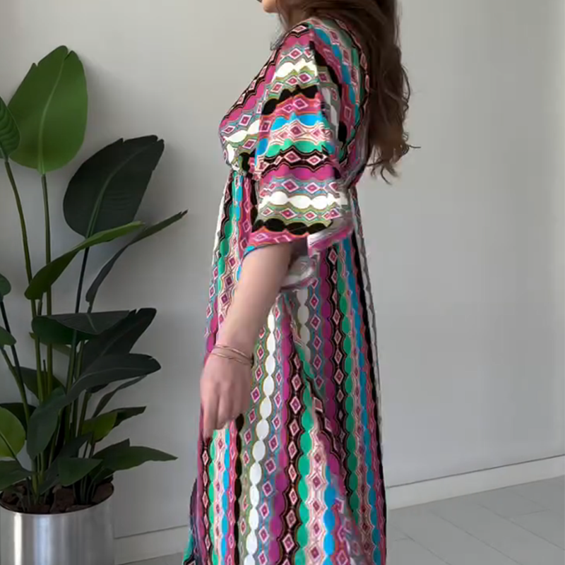 Maxikleid für Damen mit Print, Colorblock-Design und V-Ausschnitt