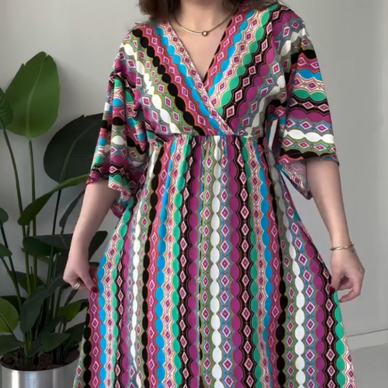 Maxikleid für Damen mit Print, Colorblock-Design und V-Ausschnitt