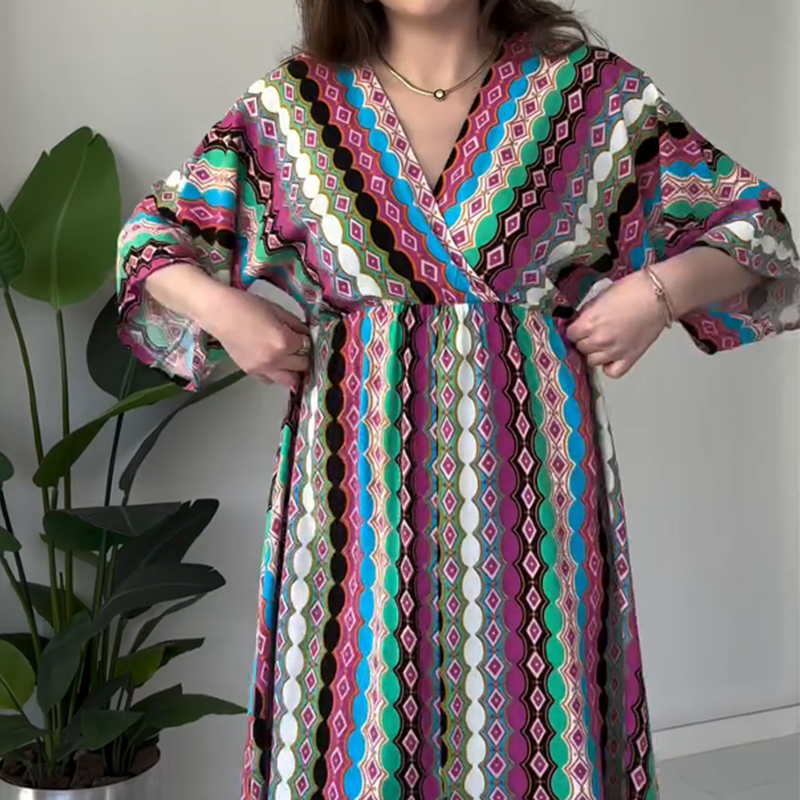 Maxikleid für Damen mit Print, Colorblock-Design und V-Ausschnitt