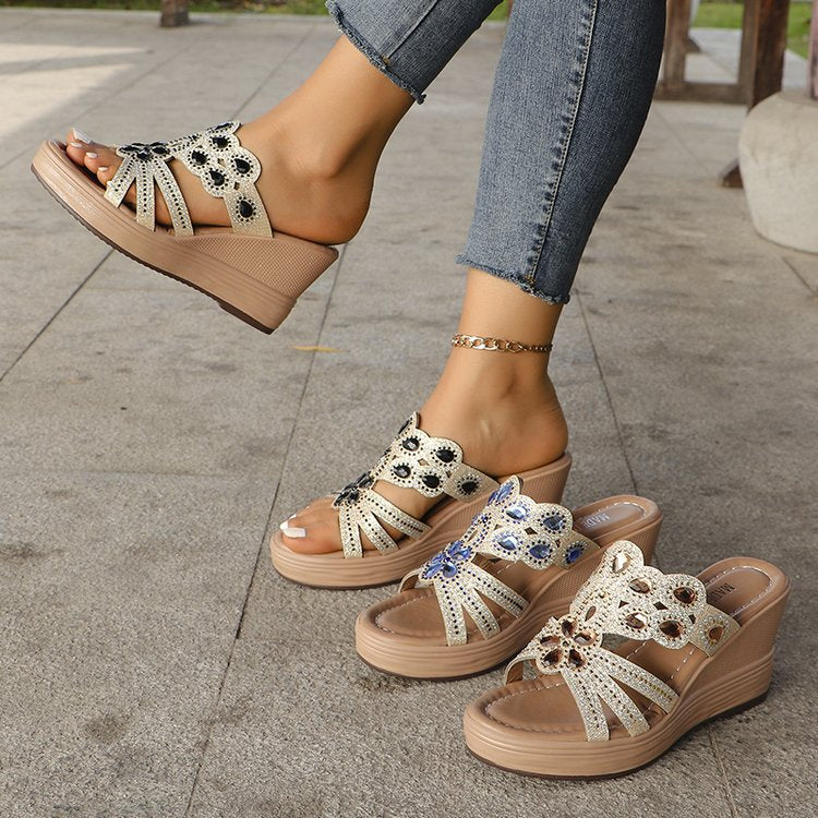 Damen-Hausschuhe im Bohemian-Stil mit offener Spitze und Pailletten