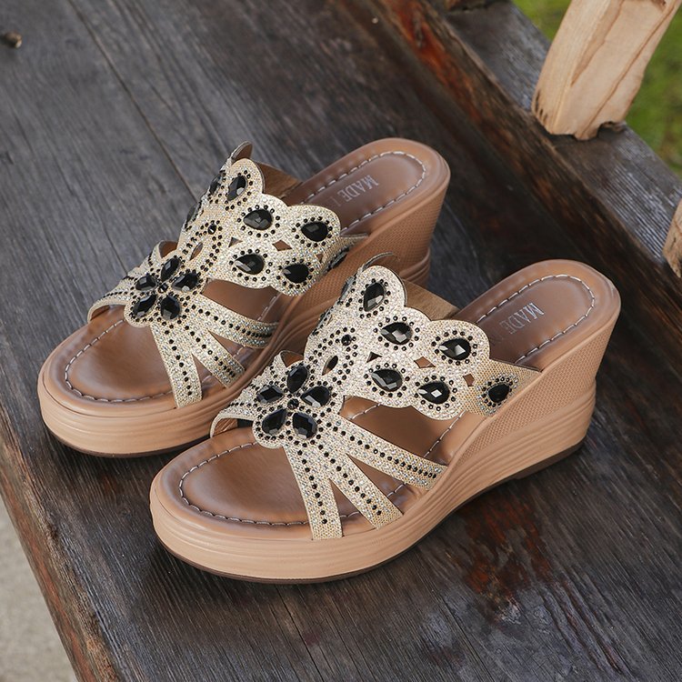 Damen-Hausschuhe im Bohemian-Stil mit offener Spitze und Pailletten