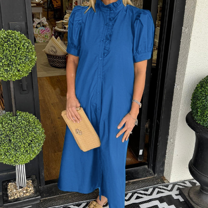 Lässiges, einfarbiges Kleid mit Stehkragen und Knopfleiste für Damen