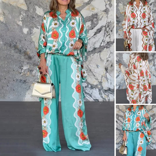 Stilvoller Damen-Zweiteiler mit Blumenmuster: Bluse & Hose