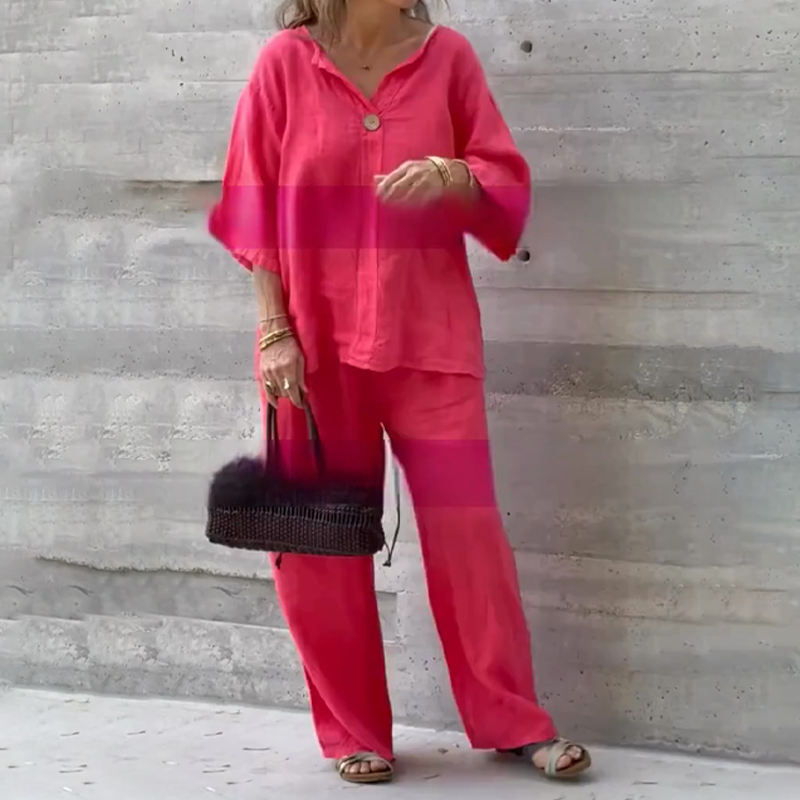 Zweiteiler in lockerer Passform: Bluse mit 3/4-Ärmeln & Hose mit weitem Bein