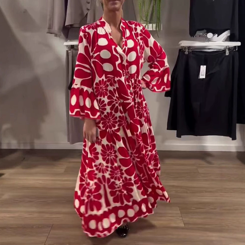 Locker sitzendes, knöchellanges Kleid mit Blumendruck für Damen