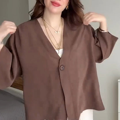 💖Damen-Cardigan mit V-Ausschnitt und halblangen Ärmeln in Unifarbe