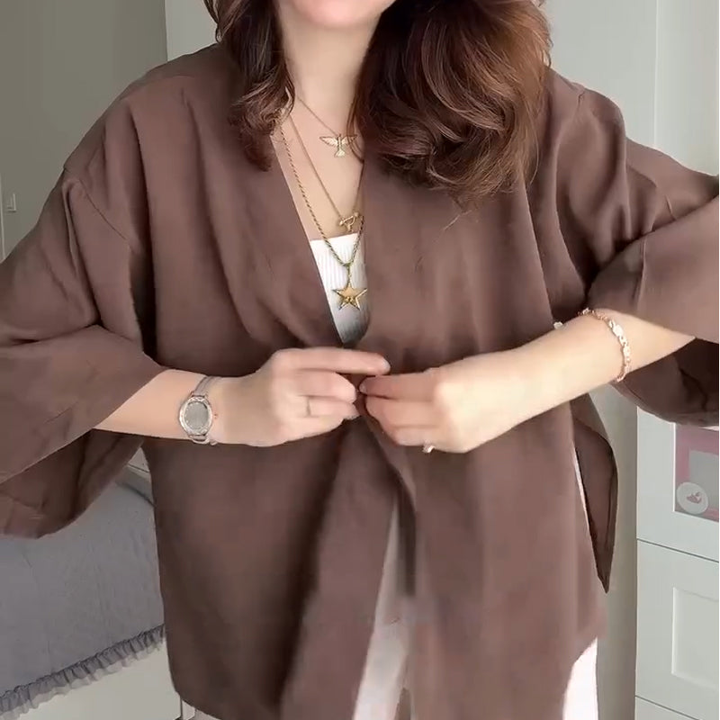 💖Damen-Cardigan mit V-Ausschnitt und halblangen Ärmeln in Unifarbe