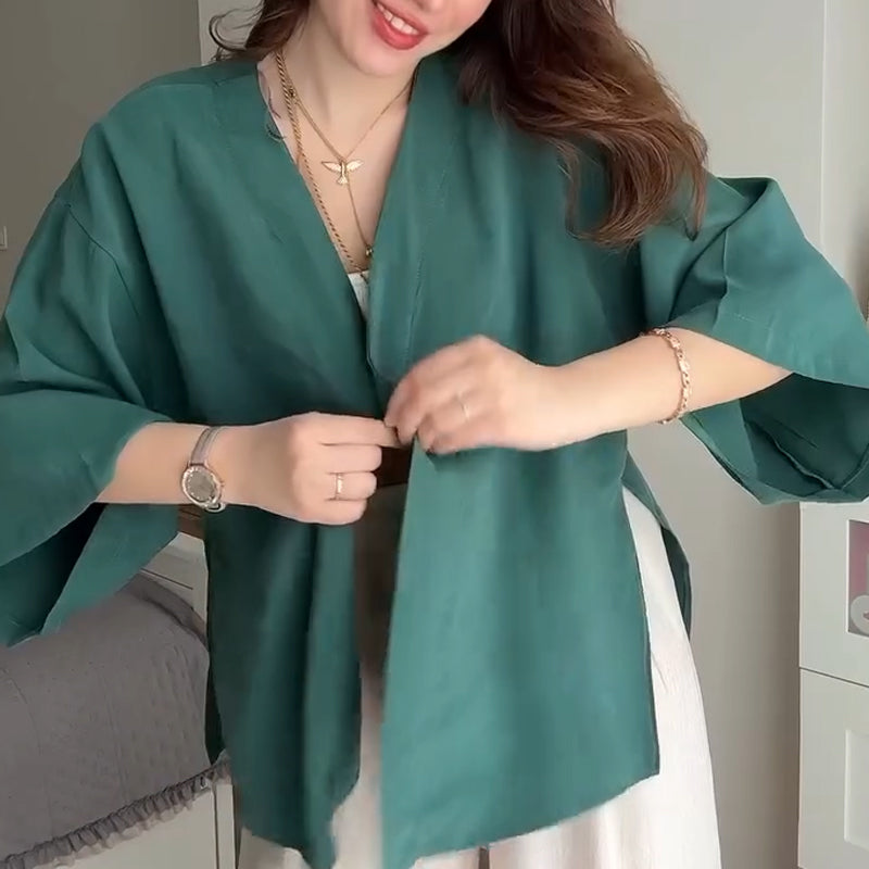 💖Damen-Cardigan mit V-Ausschnitt und halblangen Ärmeln in Unifarbe