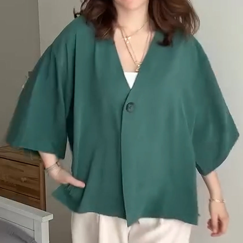 💖Damen-Cardigan mit V-Ausschnitt und halblangen Ärmeln in Unifarbe