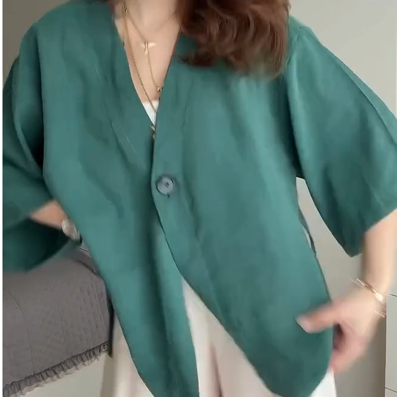 💖Damen-Cardigan mit V-Ausschnitt und halblangen Ärmeln in Unifarbe