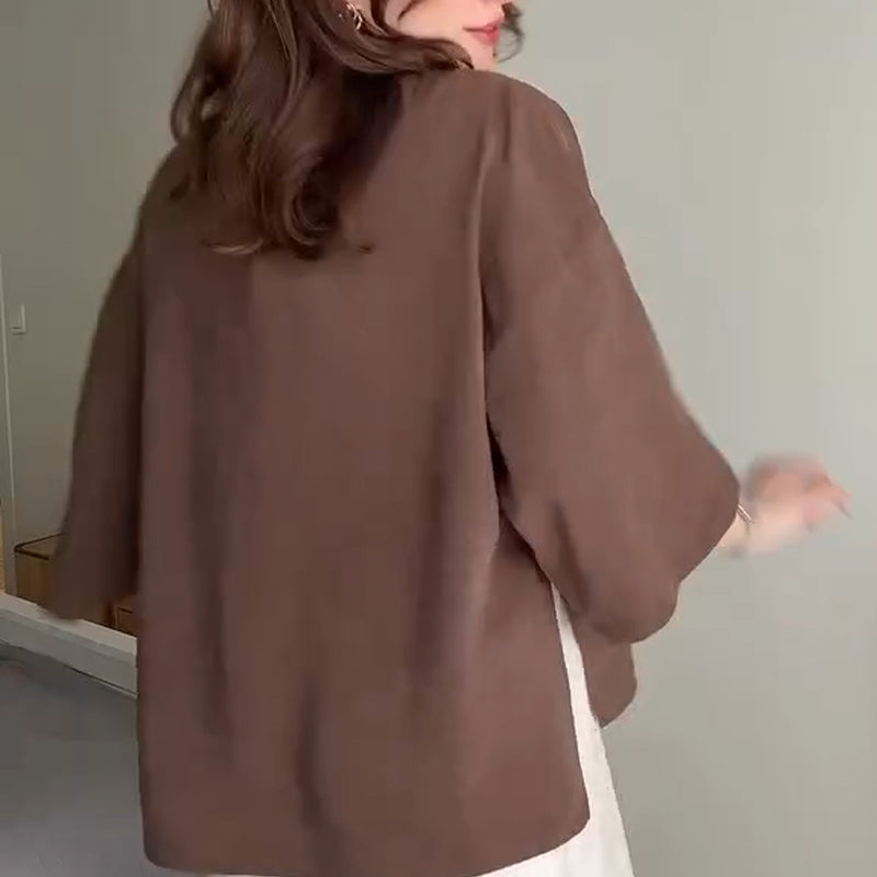 💖Damen-Cardigan mit V-Ausschnitt und halblangen Ärmeln in Unifarbe