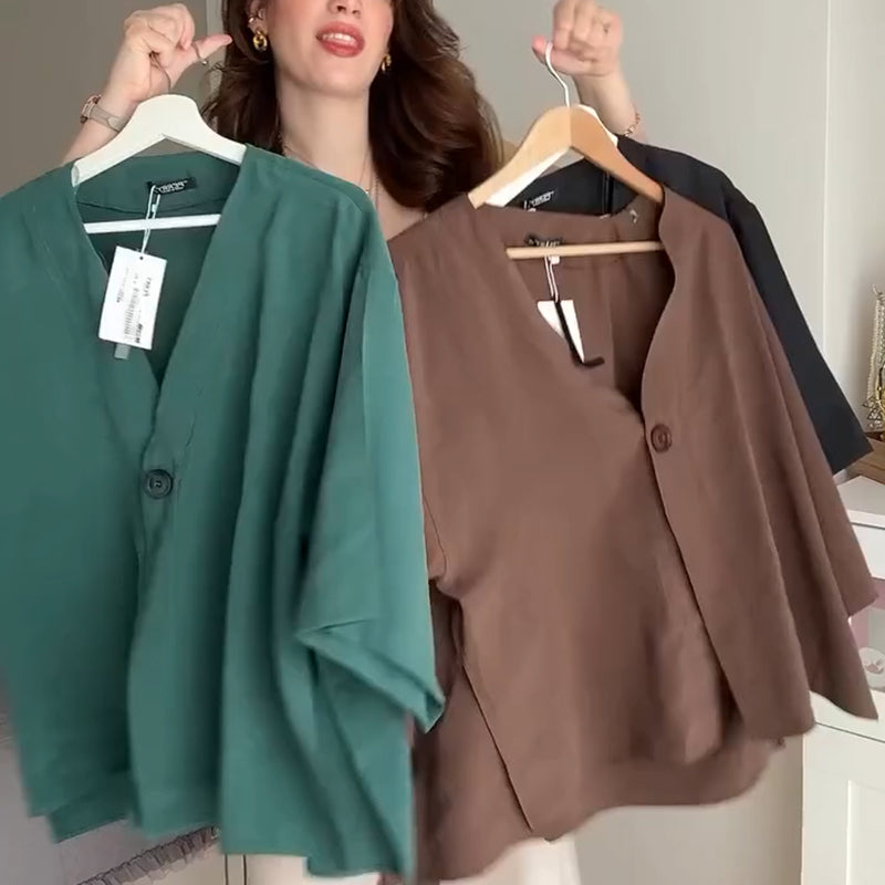 💖Damen-Cardigan mit V-Ausschnitt und halblangen Ärmeln in Unifarbe
