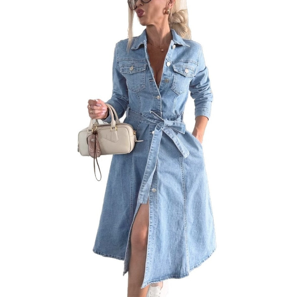 Langärmeliges Denim-Kleid mit Knopfleiste für Frauen