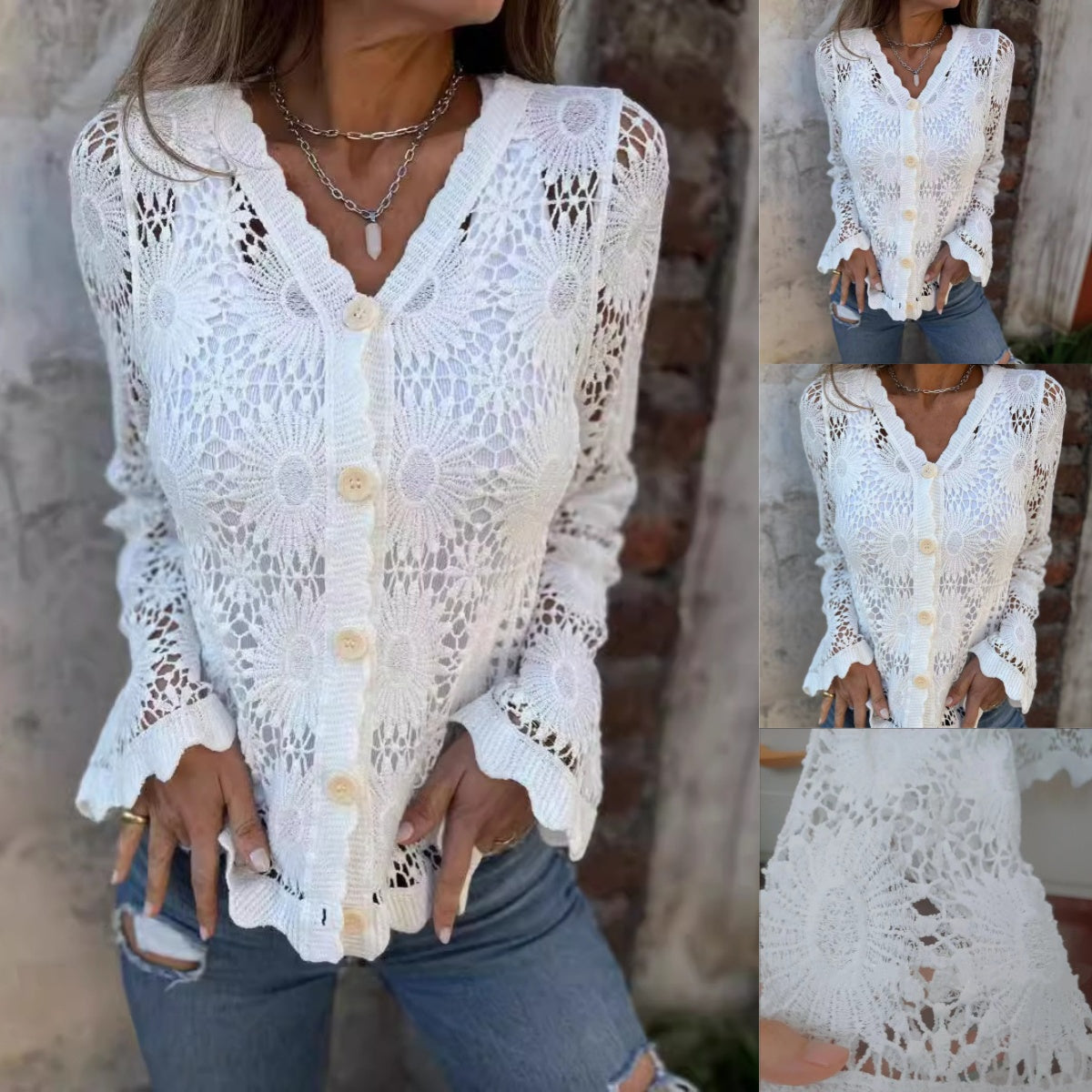 🌸Sommer-Schnäppchen 50% RABATT🌸Langärmliges Spitzentop mit V-Ausschnitt für Damen