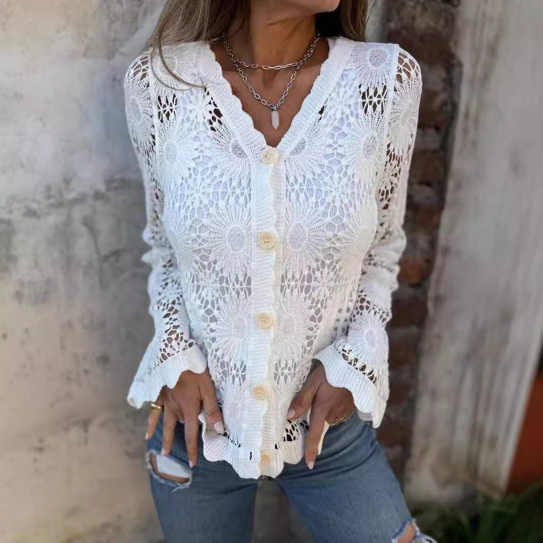 🌸Sommer-Schnäppchen 50% RABATT🌸Langärmliges Spitzentop mit V-Ausschnitt für Damen
