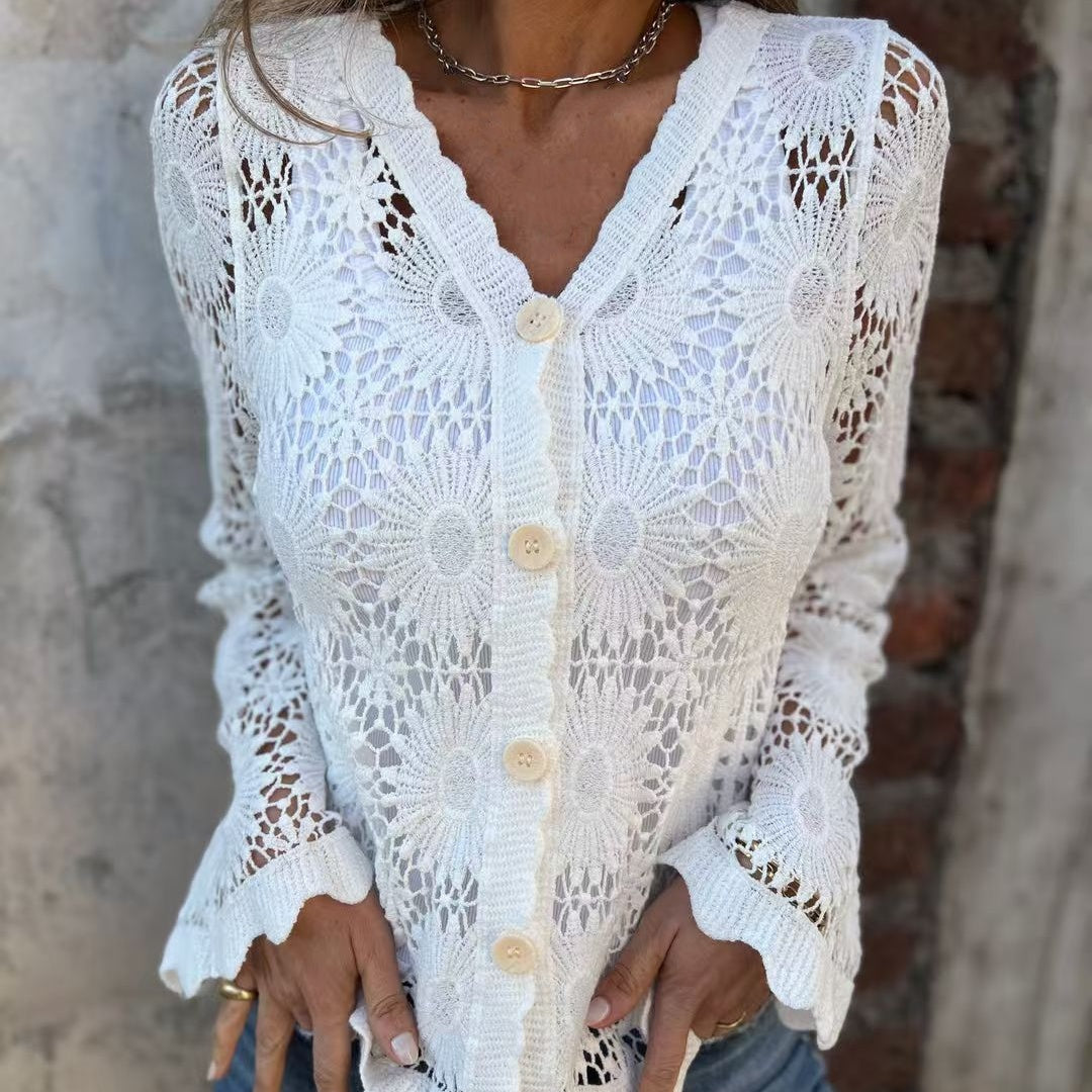 🌸Sommer-Schnäppchen 50% RABATT🌸Langärmliges Spitzentop mit V-Ausschnitt für Damen