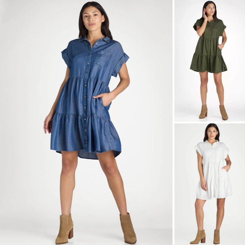 Damenkleid mit Revers und kurzen Ärmeln, plissiert, Button-Down