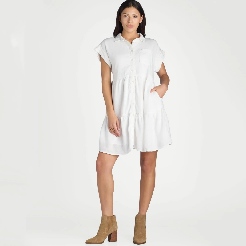 Damenkleid mit Revers und kurzen Ärmeln, plissiert, Button-Down