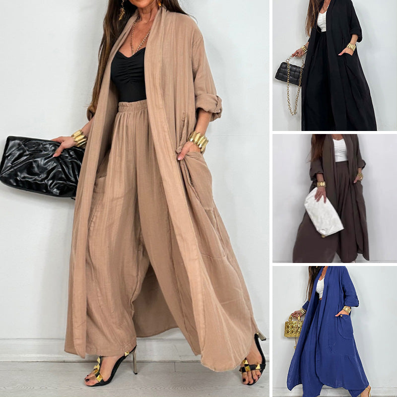 Damen Casual Strickjacke Weites Bein Hosen 2 Stück Set