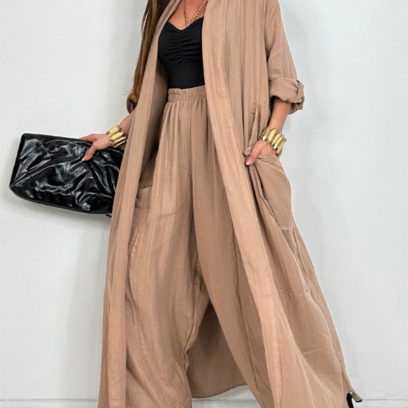 Damen Casual Strickjacke Weites Bein Hosen 2 Stück Set