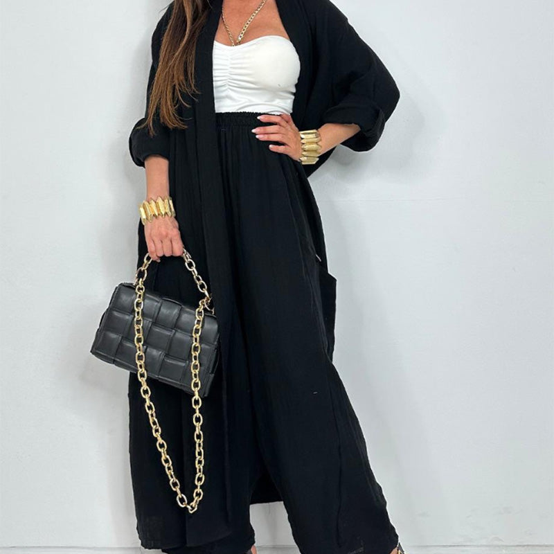 Damen Casual Strickjacke Weites Bein Hosen 2 Stück Set