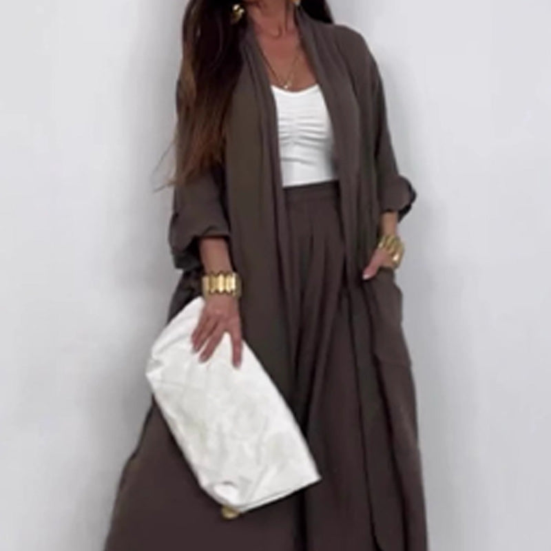 Damen Casual Strickjacke Weites Bein Hosen 2 Stück Set