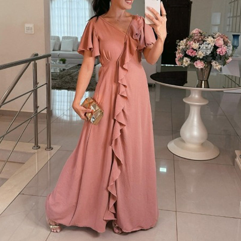 Asymmetrisches Kleid mit V-Ausschnitt und Rüschen für Damen