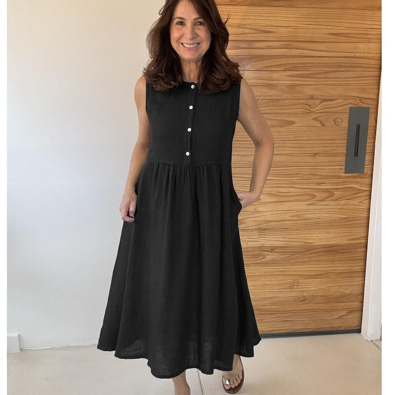 Einfarbiges, ärmelloses Kleid mit Rundhalsausschnitt und Knopfleiste