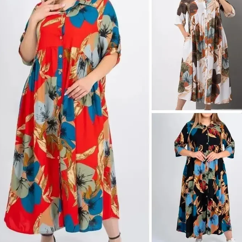 Lockeres, bedrucktes Button-Down-Langkleid für Damen mit Revers
