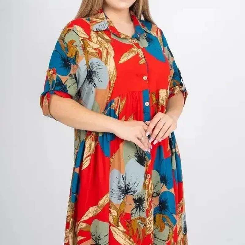 Lockeres, bedrucktes Button-Down-Langkleid für Damen mit Revers