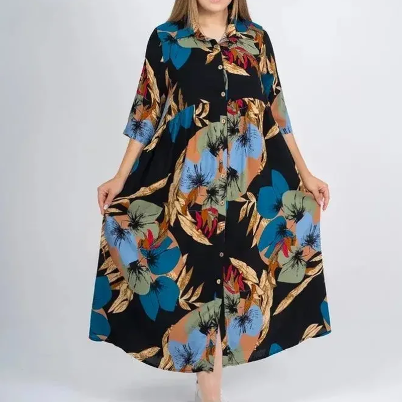 Lockeres, bedrucktes Button-Down-Langkleid für Damen mit Revers
