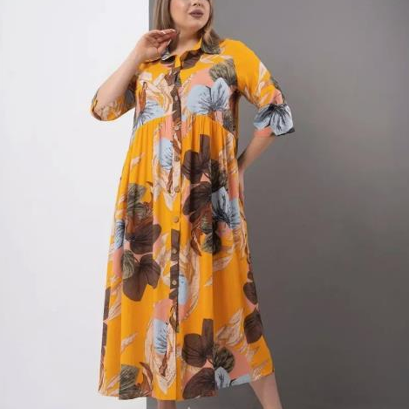 Lockeres, bedrucktes Button-Down-Langkleid für Damen mit Revers