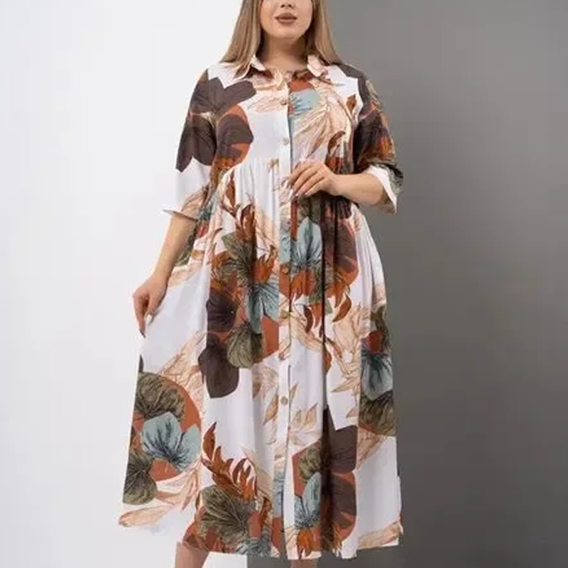 Lockeres, bedrucktes Button-Down-Langkleid für Damen mit Revers