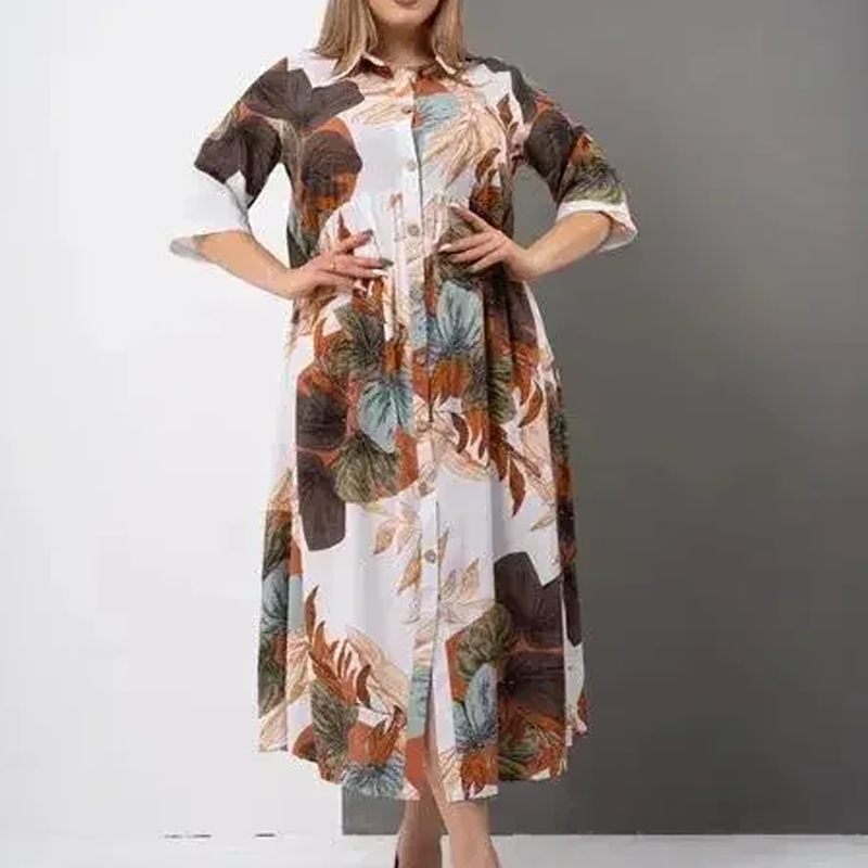 Lockeres, bedrucktes Button-Down-Langkleid für Damen mit Revers