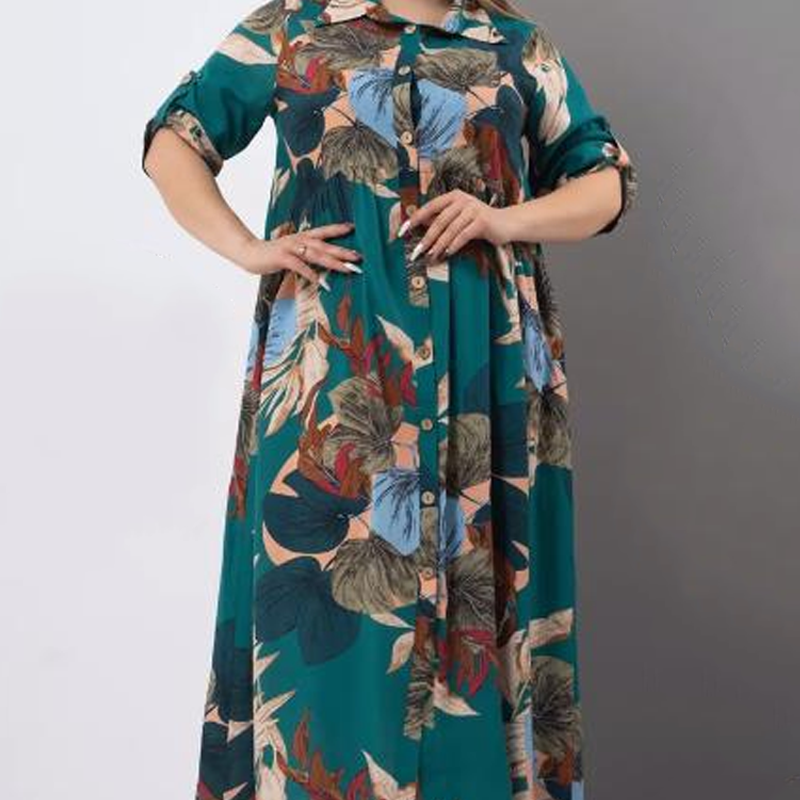 Lockeres, bedrucktes Button-Down-Langkleid für Damen mit Revers