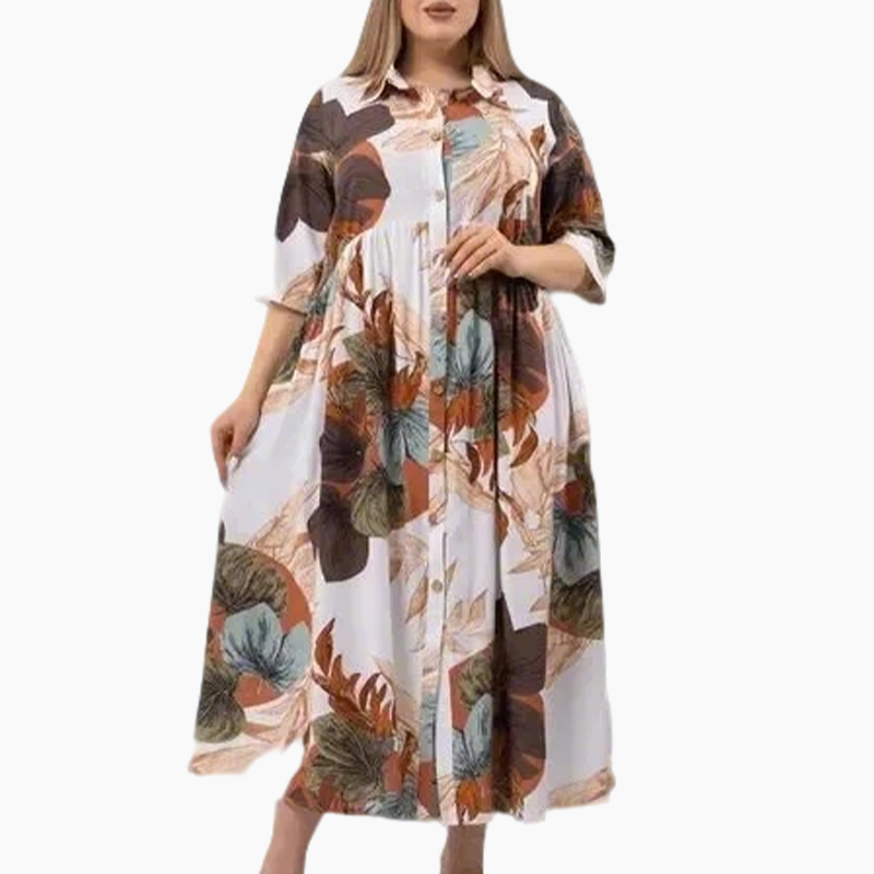 Lockeres, bedrucktes Button-Down-Langkleid für Damen mit Revers