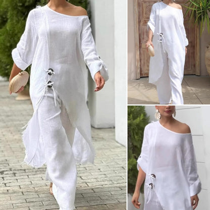 Modisches, einfarbiges, schräge Schulterpartie, langes Oberteil und Hose, zweiteiliges Set für Damen