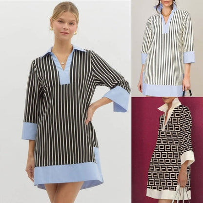 Elegante, lockere Patchwork-Kleider mit V-Ausschnitt für Damen