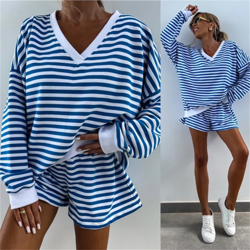 Lässiges Damen-Set mit V-Ausschnitt, Langarm-Oberteil und Shorts mit elastischer Taille, 2-teilig