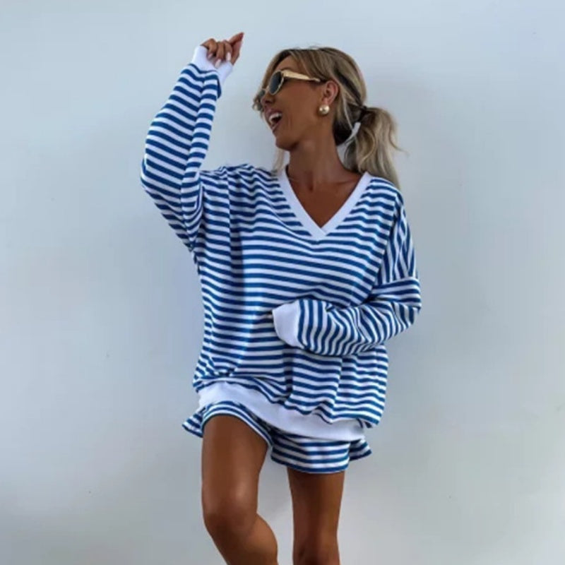Lässiges Damen-Set mit V-Ausschnitt, Langarm-Oberteil und Shorts mit elastischer Taille, 2-teilig