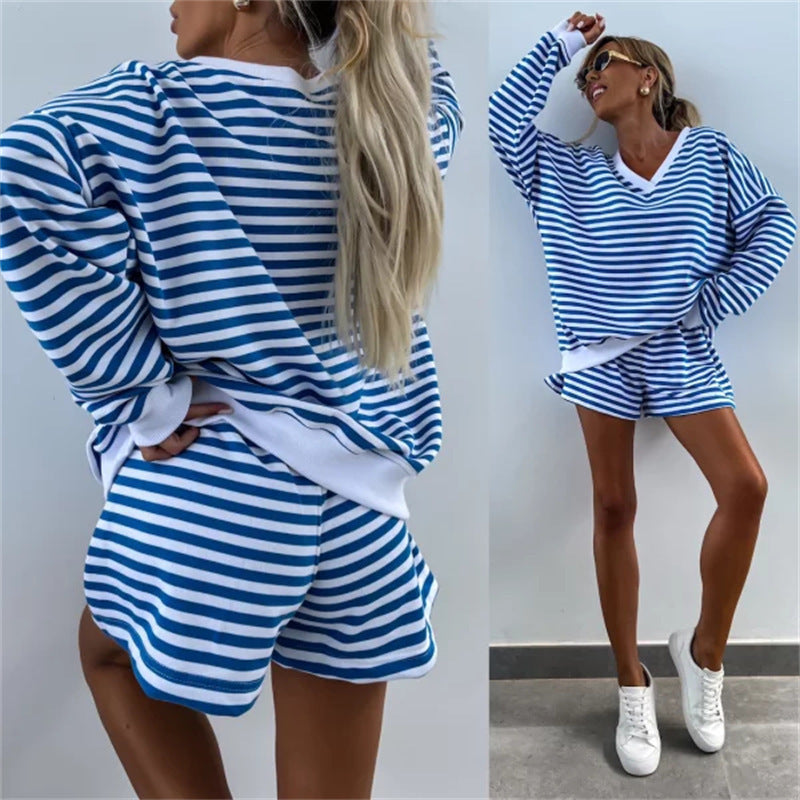 Lässiges Damen-Set mit V-Ausschnitt, Langarm-Oberteil und Shorts mit elastischer Taille, 2-teilig