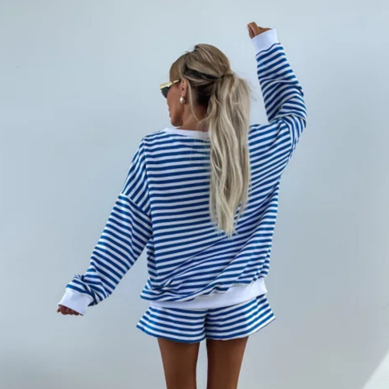 Lässiges Damen-Set mit V-Ausschnitt, Langarm-Oberteil und Shorts mit elastischer Taille, 2-teilig