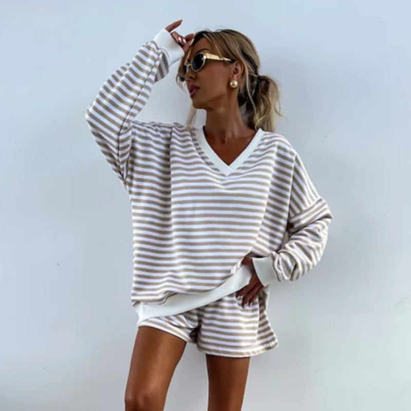 Lässiges Damen-Set mit V-Ausschnitt, Langarm-Oberteil und Shorts mit elastischer Taille, 2-teilig