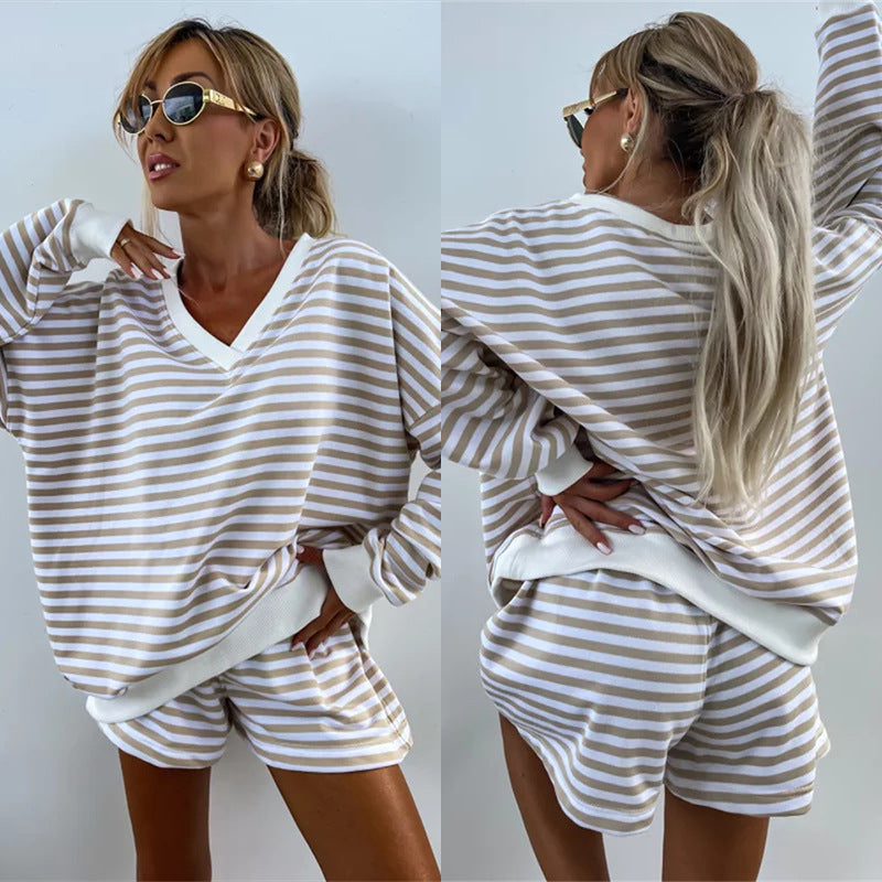 Lässiges Damen-Set mit V-Ausschnitt, Langarm-Oberteil und Shorts mit elastischer Taille, 2-teilig