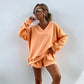 Lässiges Damen-Set mit V-Ausschnitt, Langarm-Oberteil und Shorts mit elastischer Taille, 2-teilig