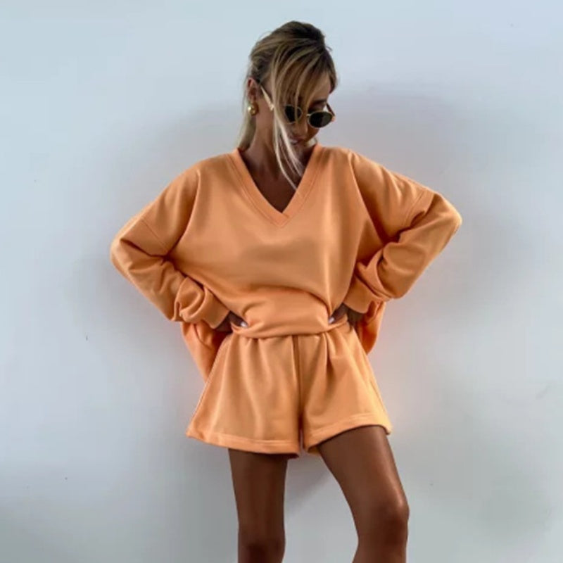 Lässiges Damen-Set mit V-Ausschnitt, Langarm-Oberteil und Shorts mit elastischer Taille, 2-teilig