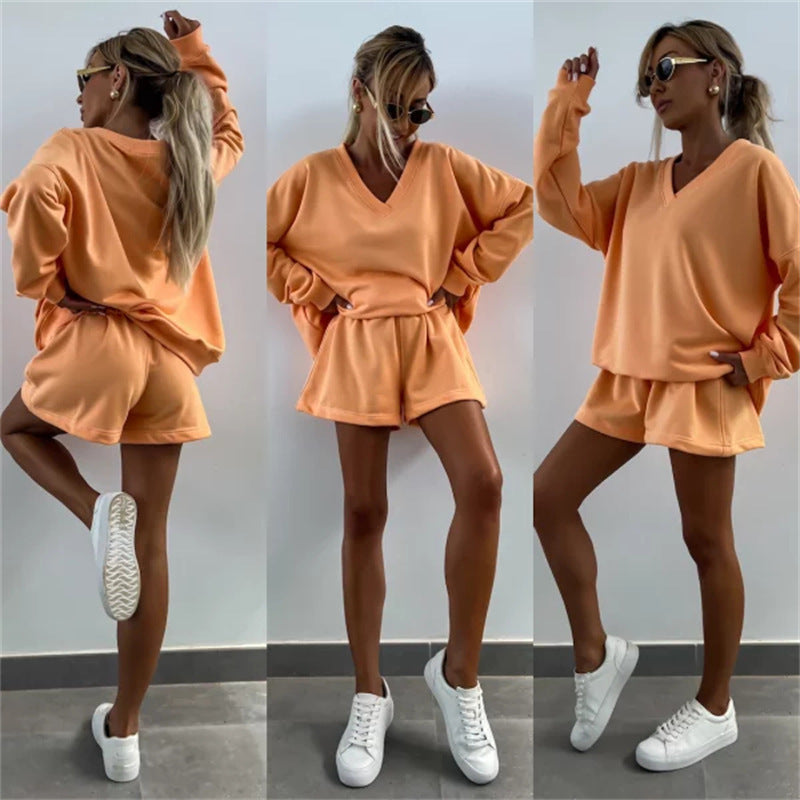 Lässiges Damen-Set mit V-Ausschnitt, Langarm-Oberteil und Shorts mit elastischer Taille, 2-teilig